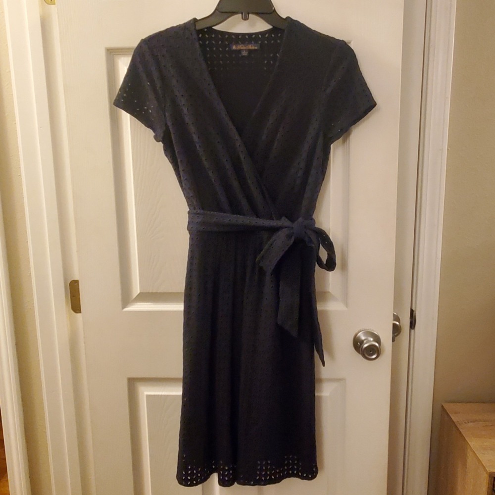 Brooks Brothers sz L navy eyelet‎ faux wrap a-line midi dress Career Office
